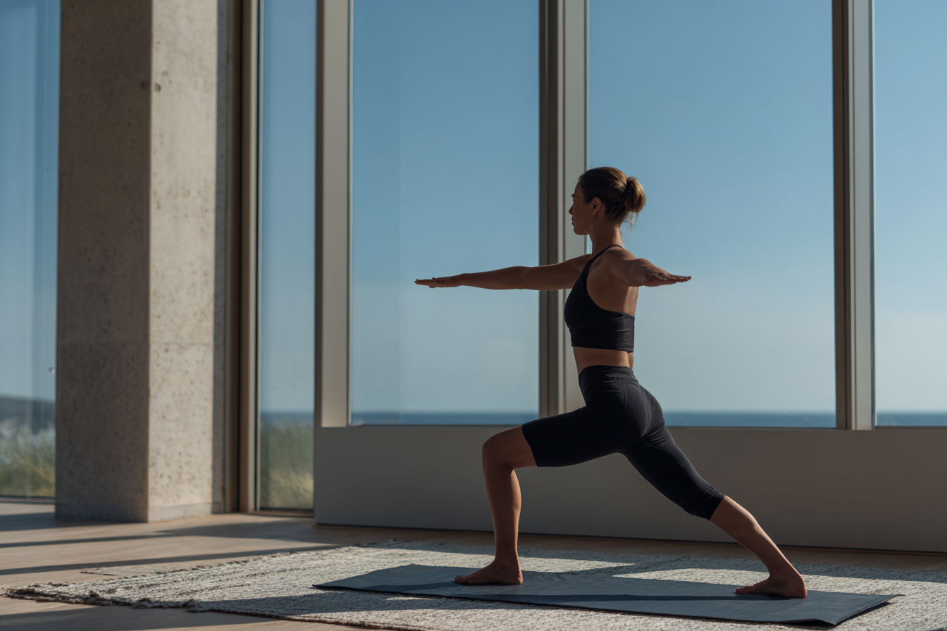 Woman holding warrior yoga pose in a sunlit modern interior