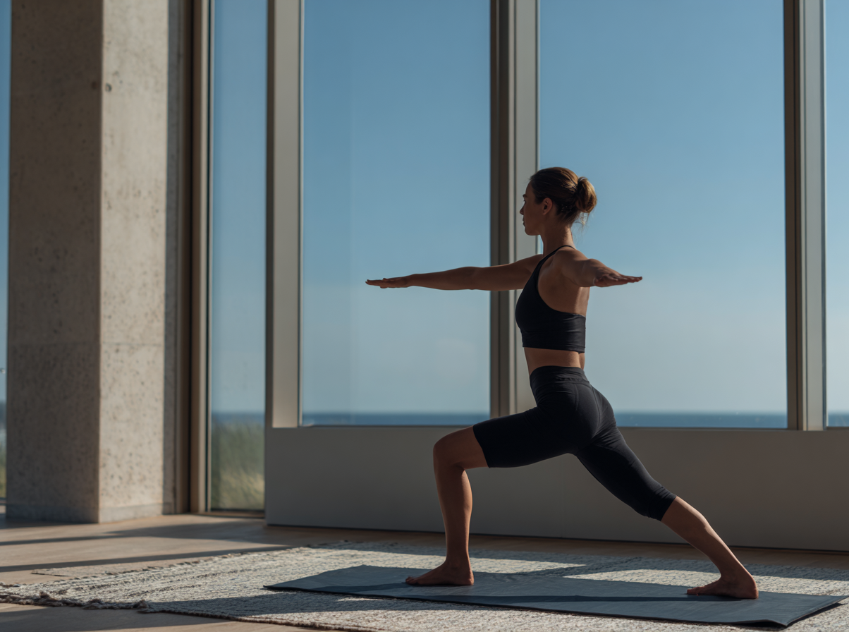 Woman holding warrior yoga pose in a sunlit modern interior