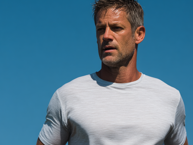 Man running under a clear blue sky
