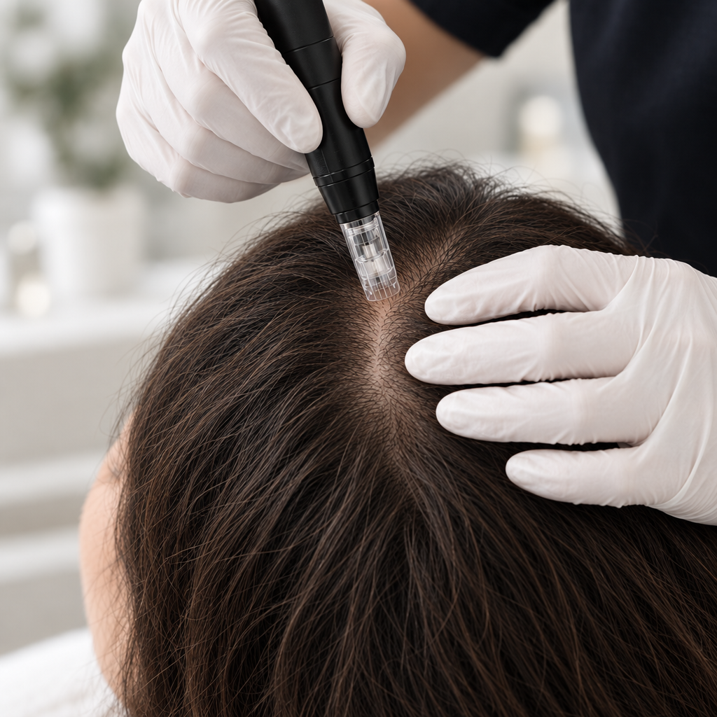 Gloved provider working a handheld device along a patient's hair part
