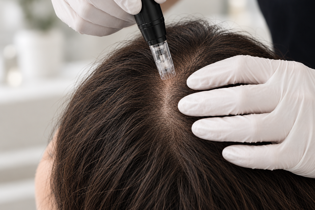 Gloved provider working a handheld device along a patient's hair part