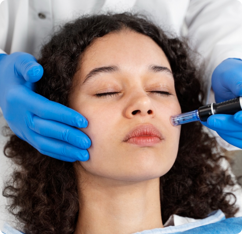 Provider performing microneedling on a patient's cheek