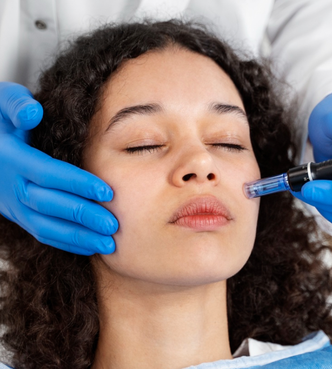Provider performing microneedling on a patient's cheek