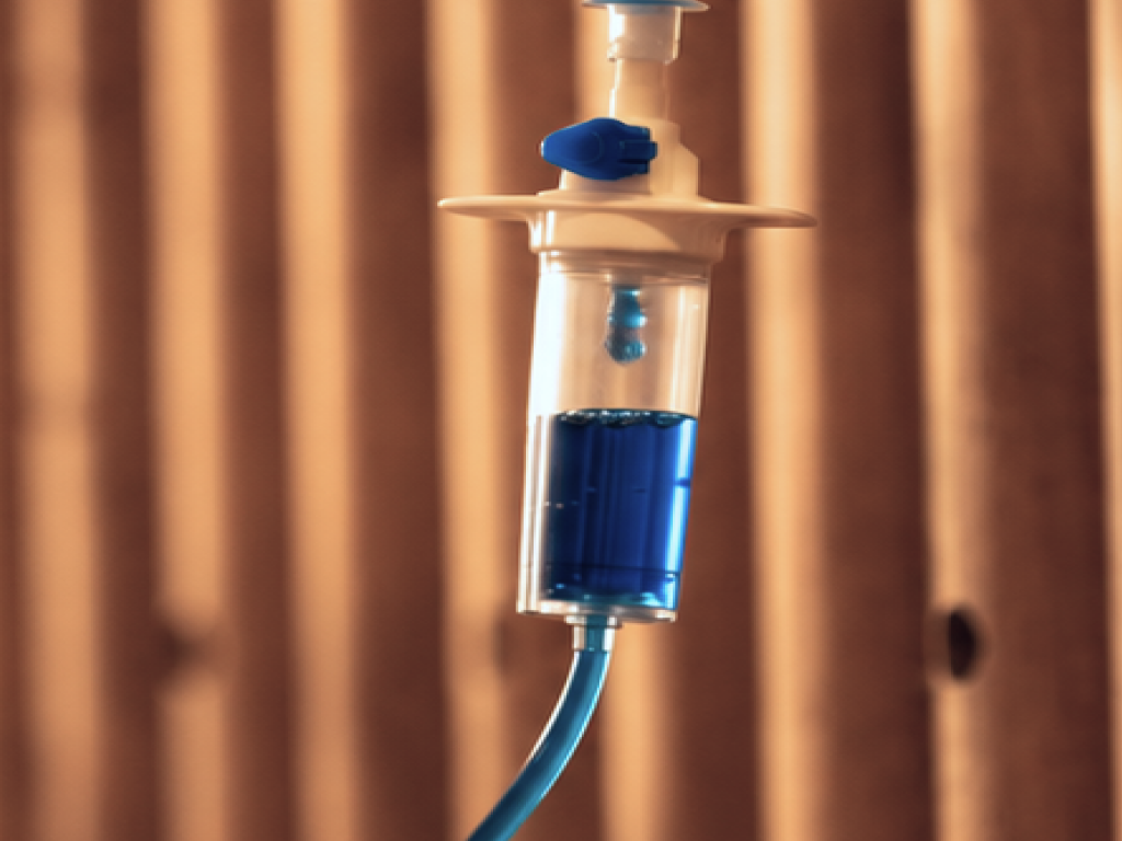 Blue-tinted IV cap and drip line against a warm slatted wood backdrop