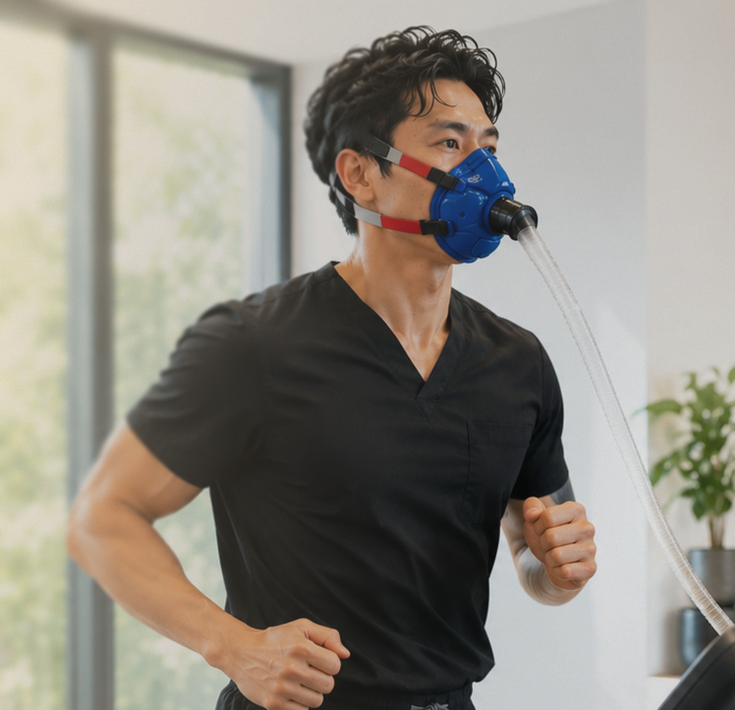 Man wearing a VO2-max respirator mask during in-clinic testing