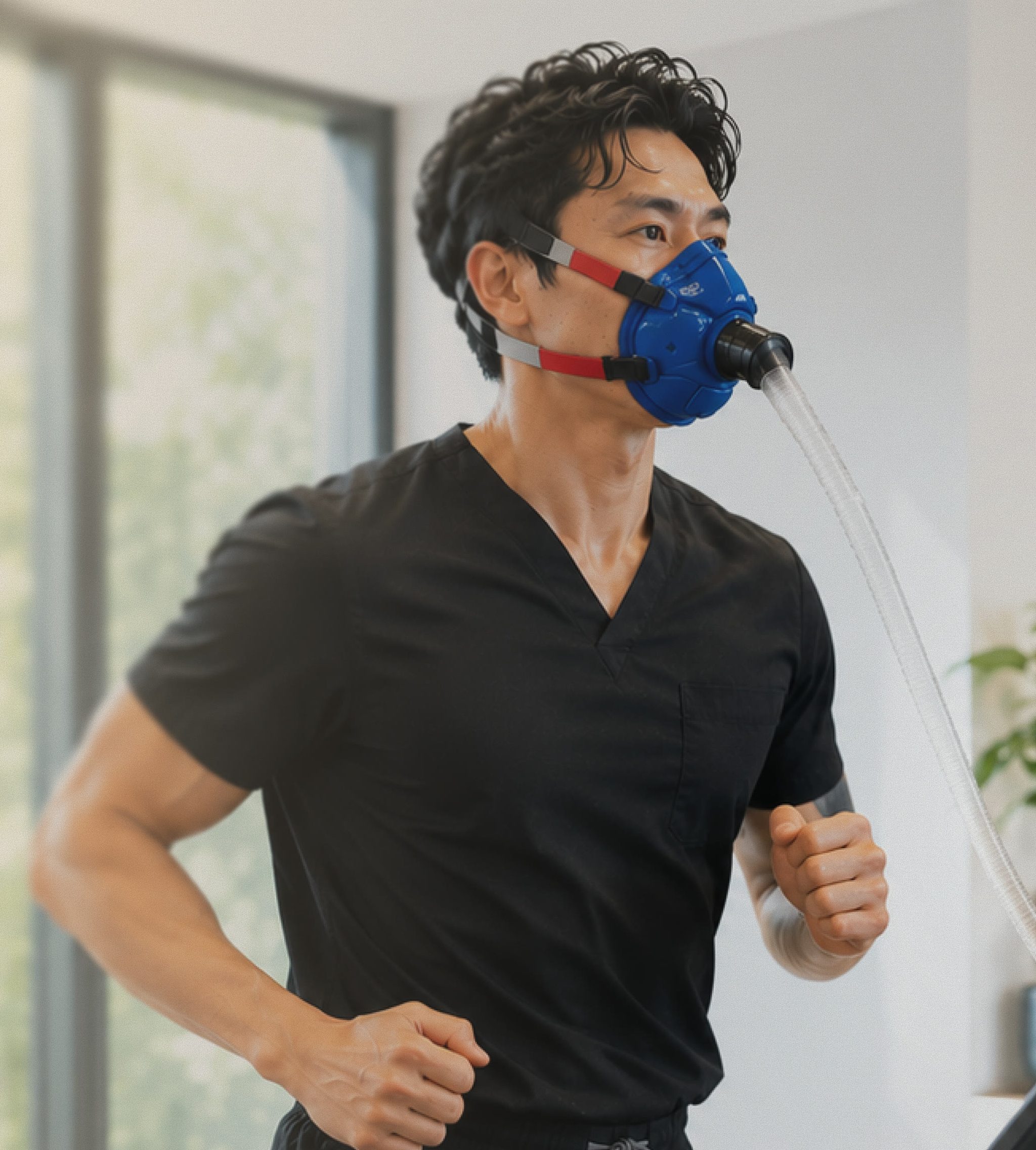 Man wearing a VO2-max respirator mask during in-clinic testing