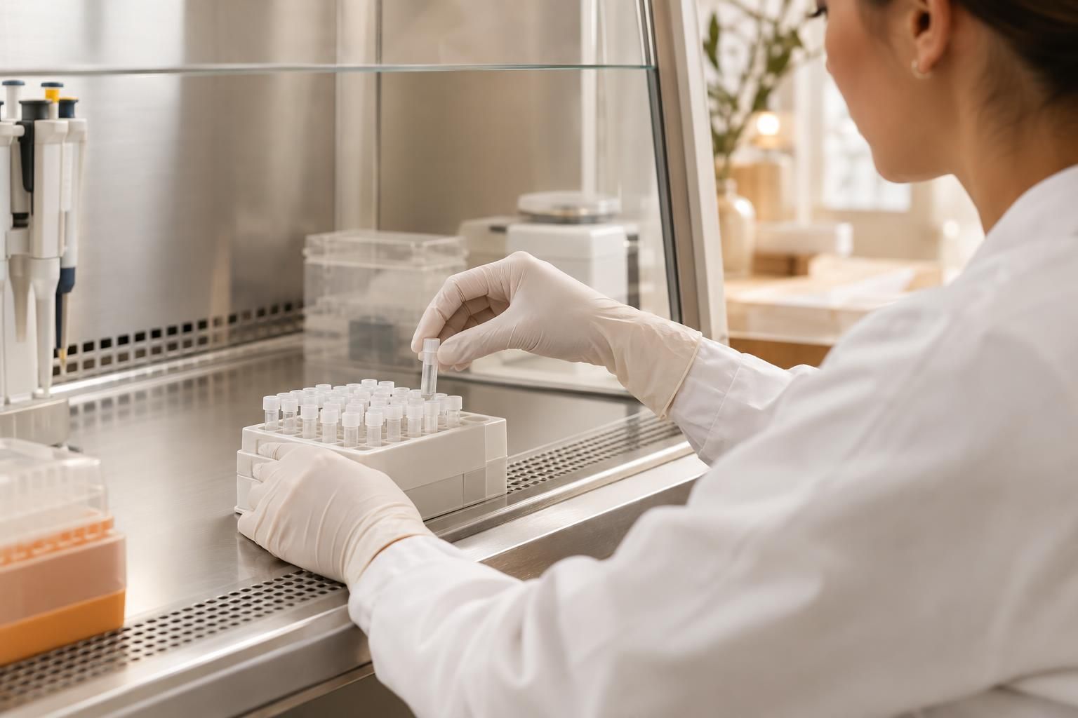 Lab technician placing a cryovial into a rack in a clean cell laboratory