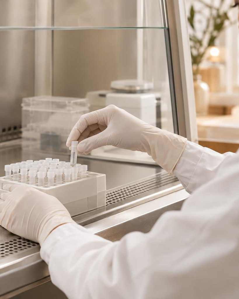 Lab technician placing a cryovial into a rack in a clean cell laboratory