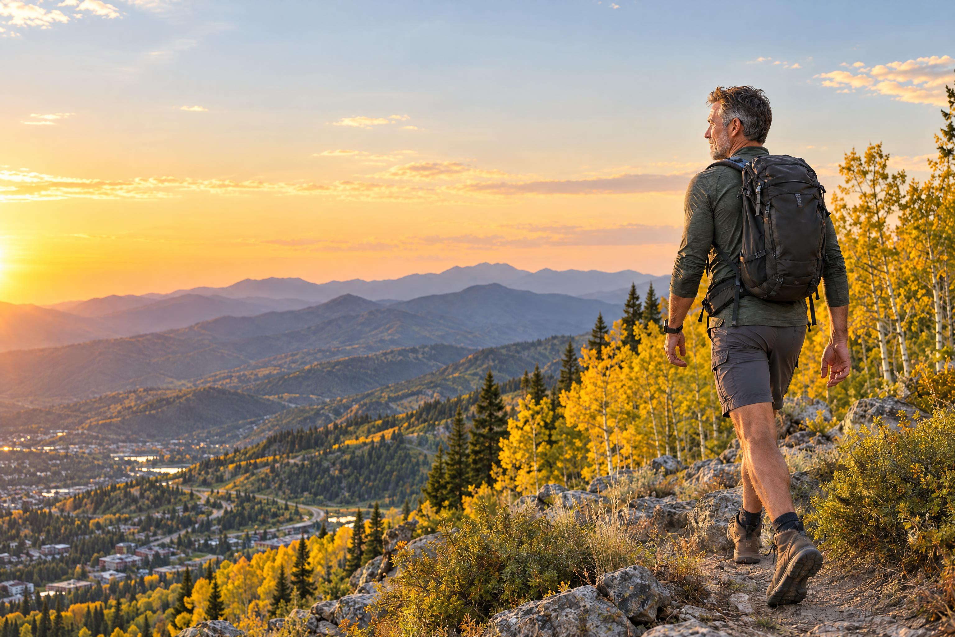 Man hiking an alpine ridge trail above Park City, Utah at golden hour