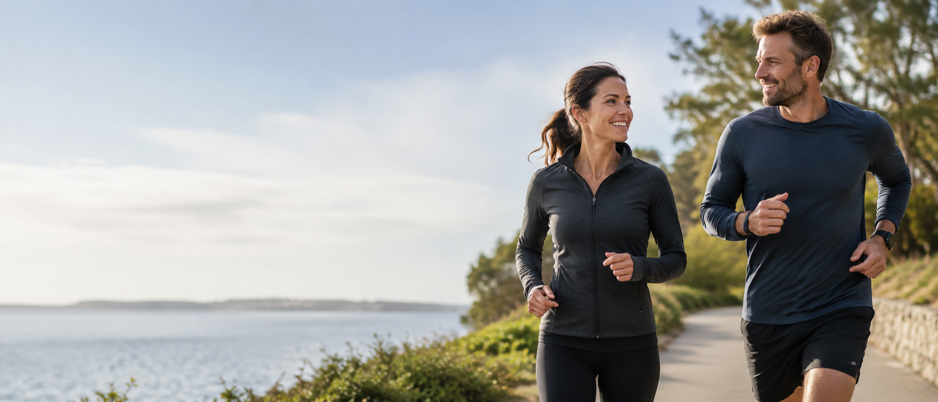 A man and woman running side-by-side on a sunlit coastal trail