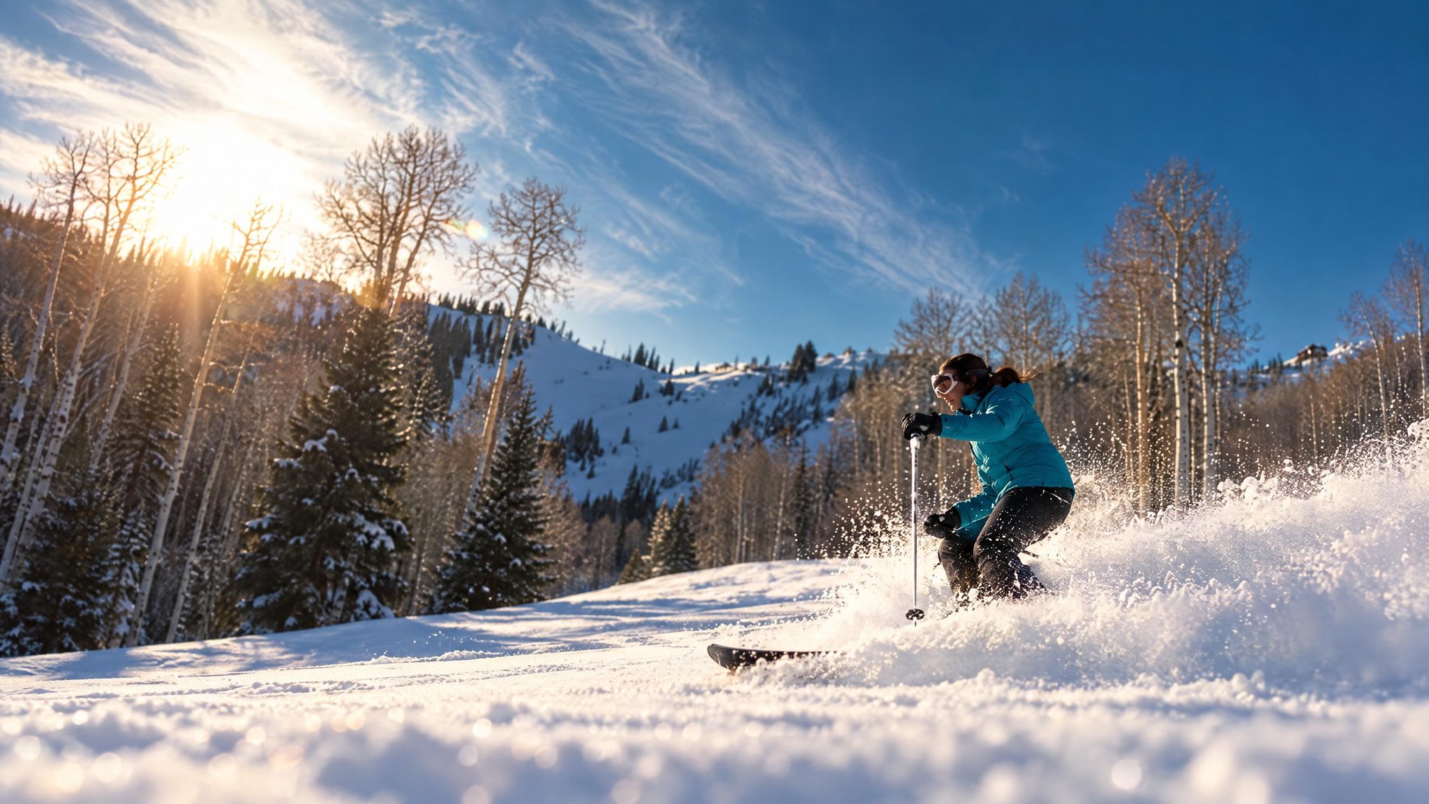Skier carving down a sunny mountain slope