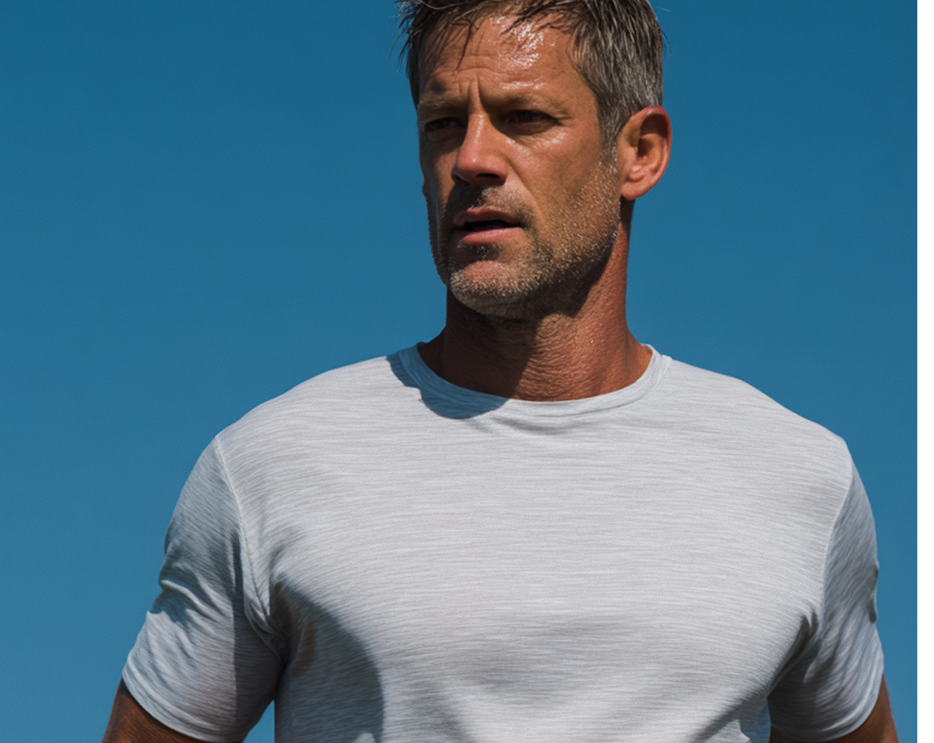 Athletic man in profile against a clear blue sky, ready for an executive assessment