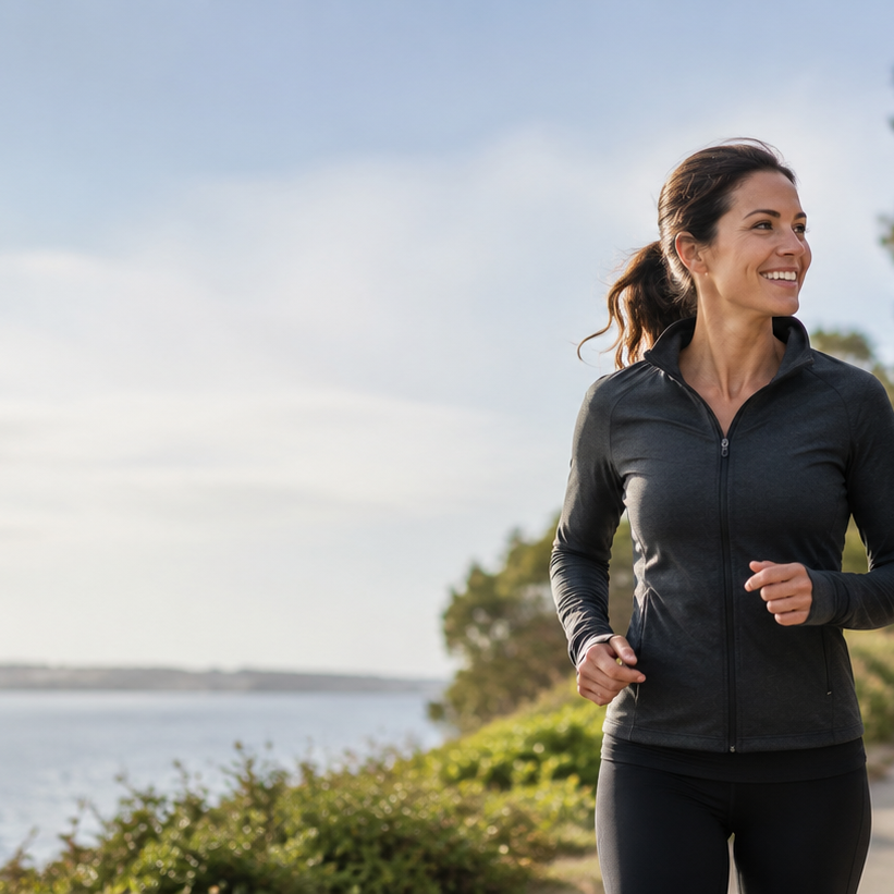 A couple running together along a coastal path