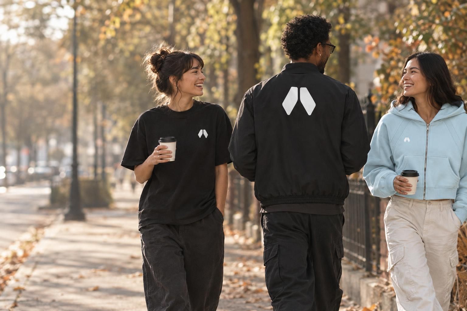 Three friends walking with coffee on an autumn street in Humanaut tees, a bomber jacket and a zip hoodie