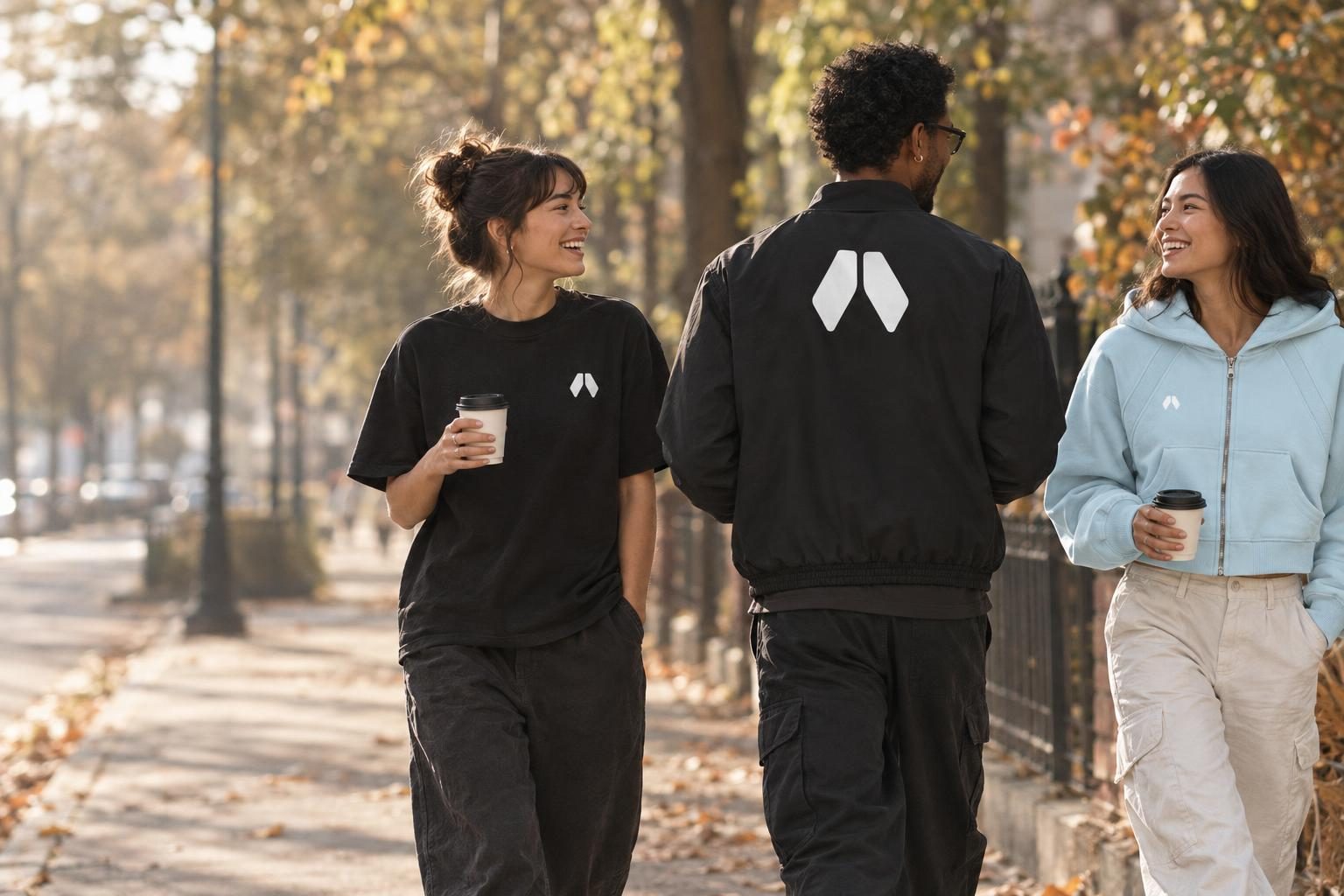 Three friends walking with coffee on an autumn street in Humanaut tees, a bomber jacket and a zip hoodie