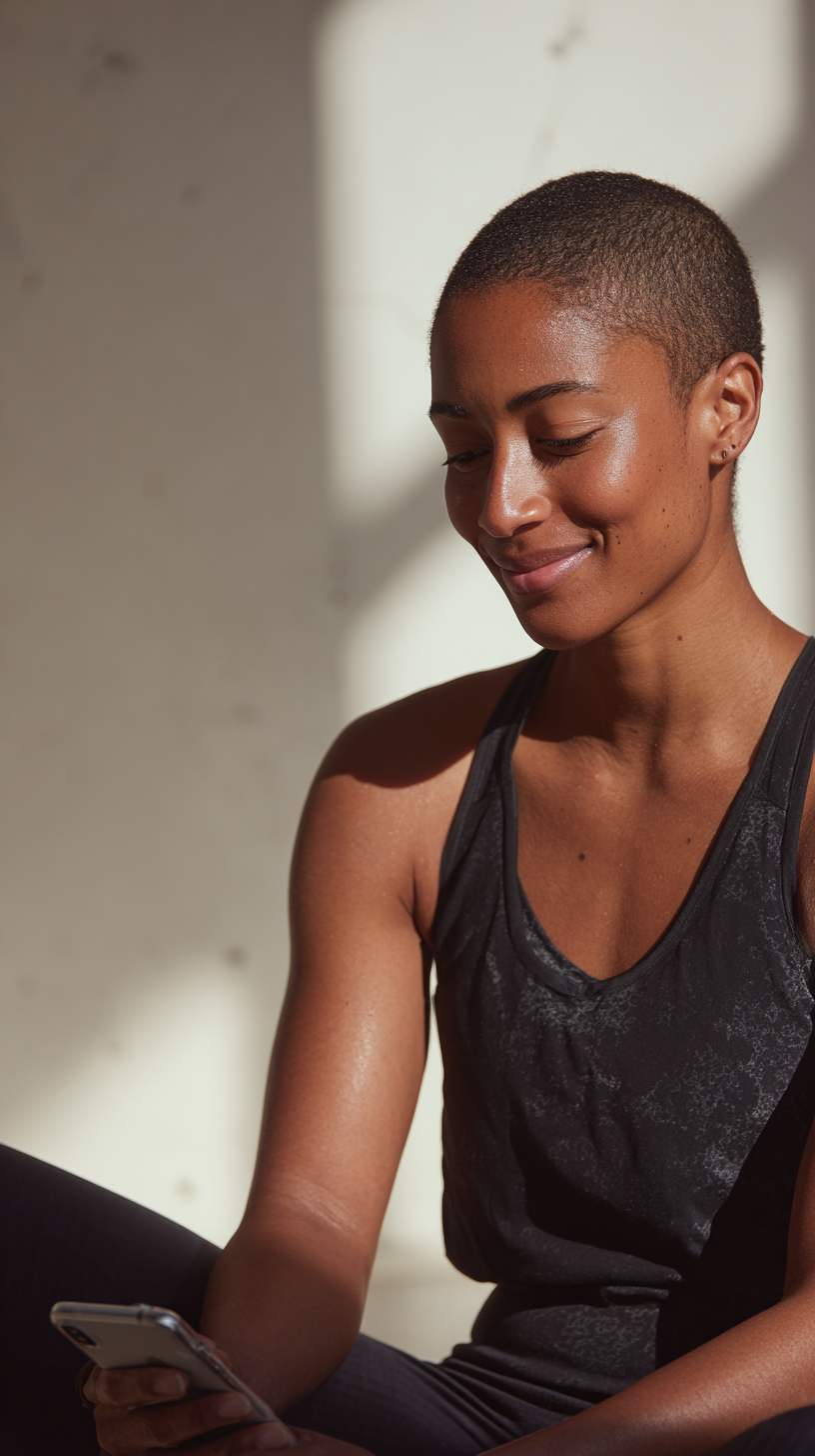 A woman sitting in soft sunlight, looking down at her phone