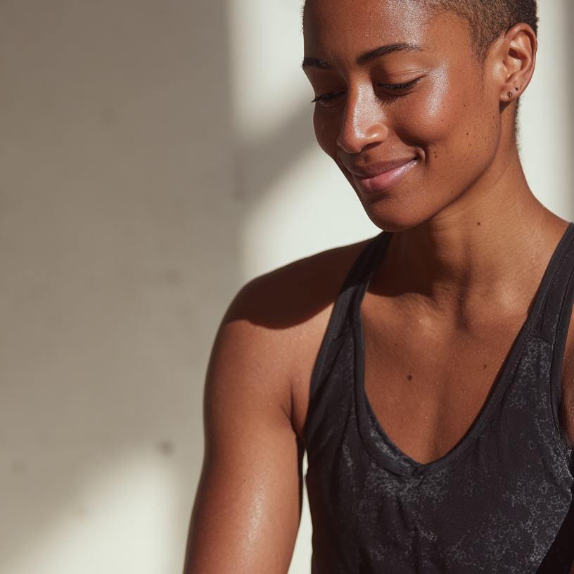 A woman sitting in soft sunlight, looking down at her phone