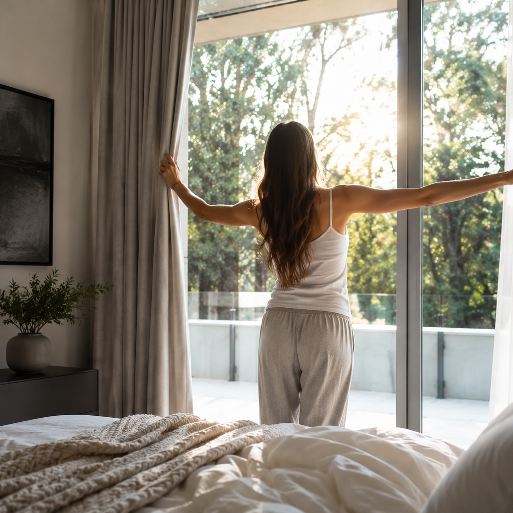 Woman opening bedroom curtains to morning sunlight through the trees