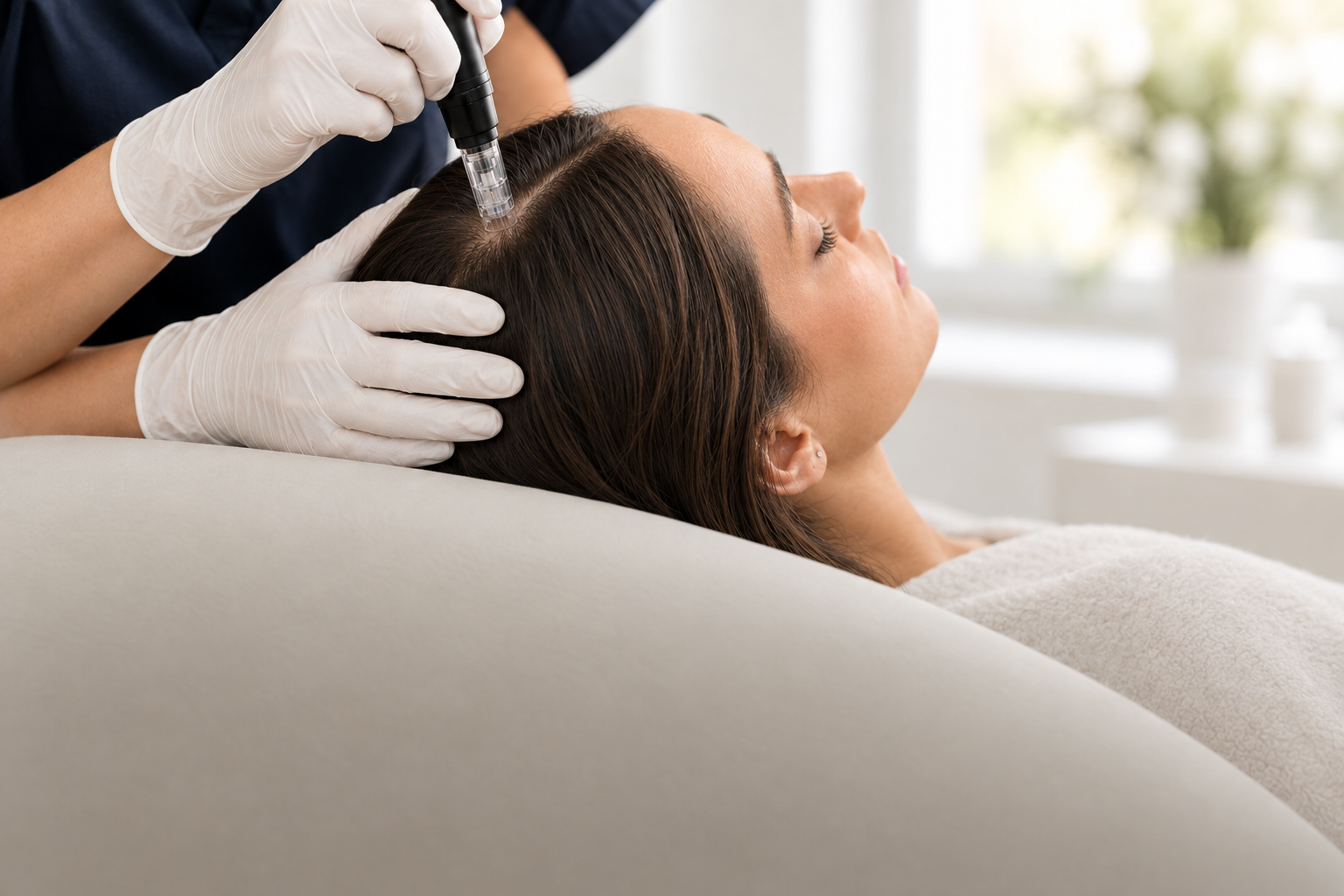 Provider treating a patient's scalp with a handheld device at a Humanaut clinic