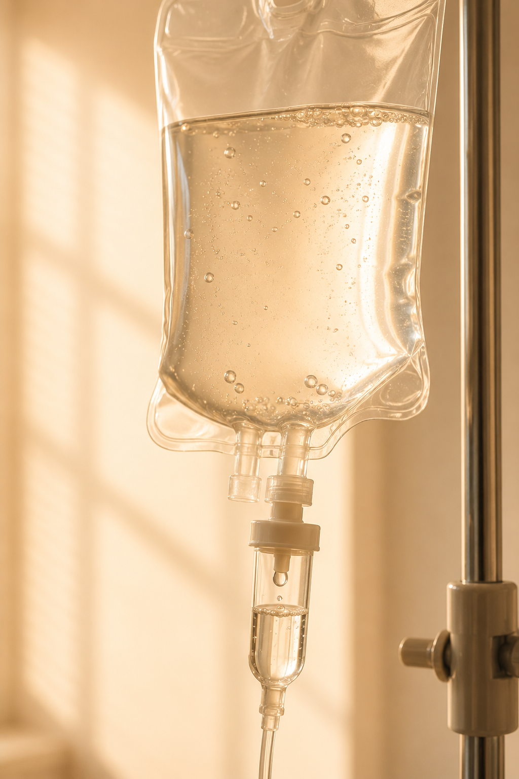IV drip chamber with golden fluid catching warm directional light