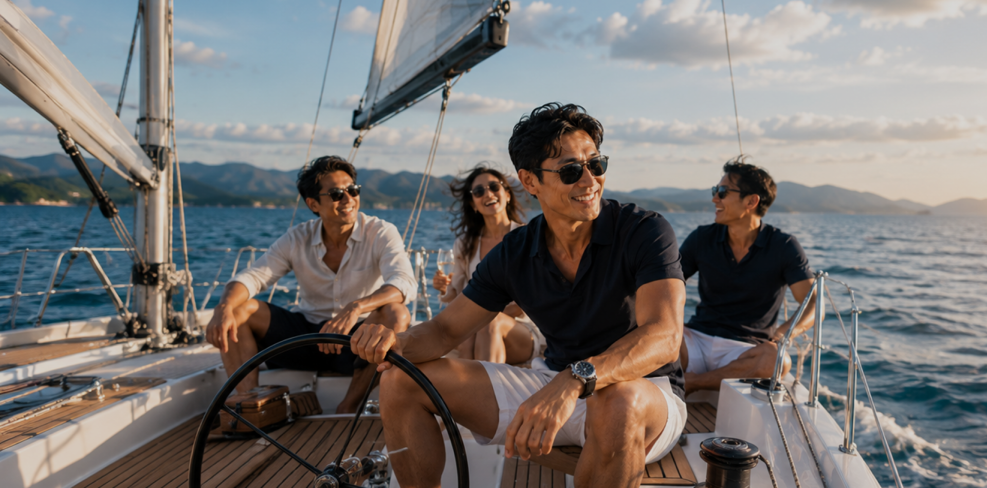 Executive leaders relaxing on a luxury yacht at sunset