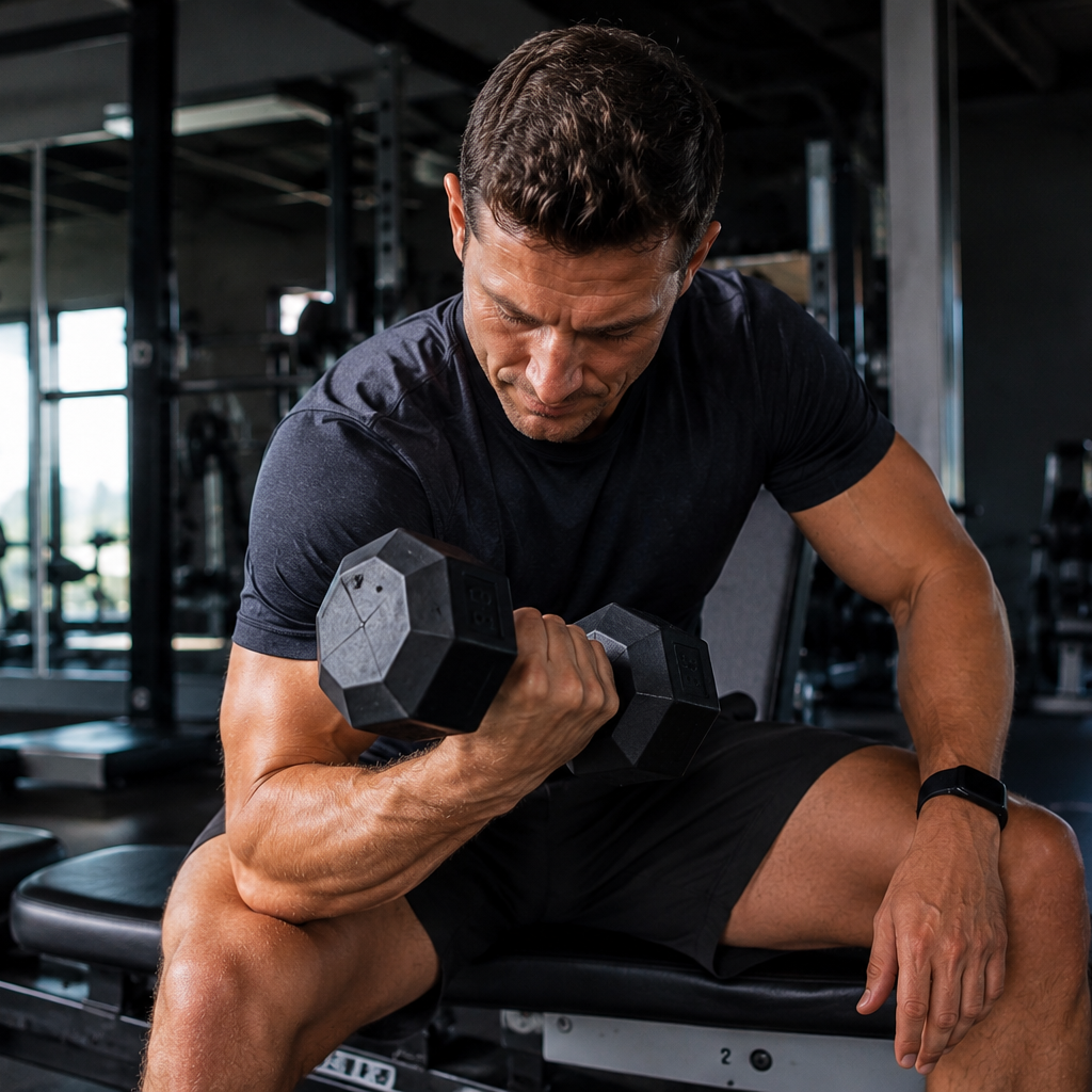 Man performing a seated dumbbell curl on a bench in a dim gym