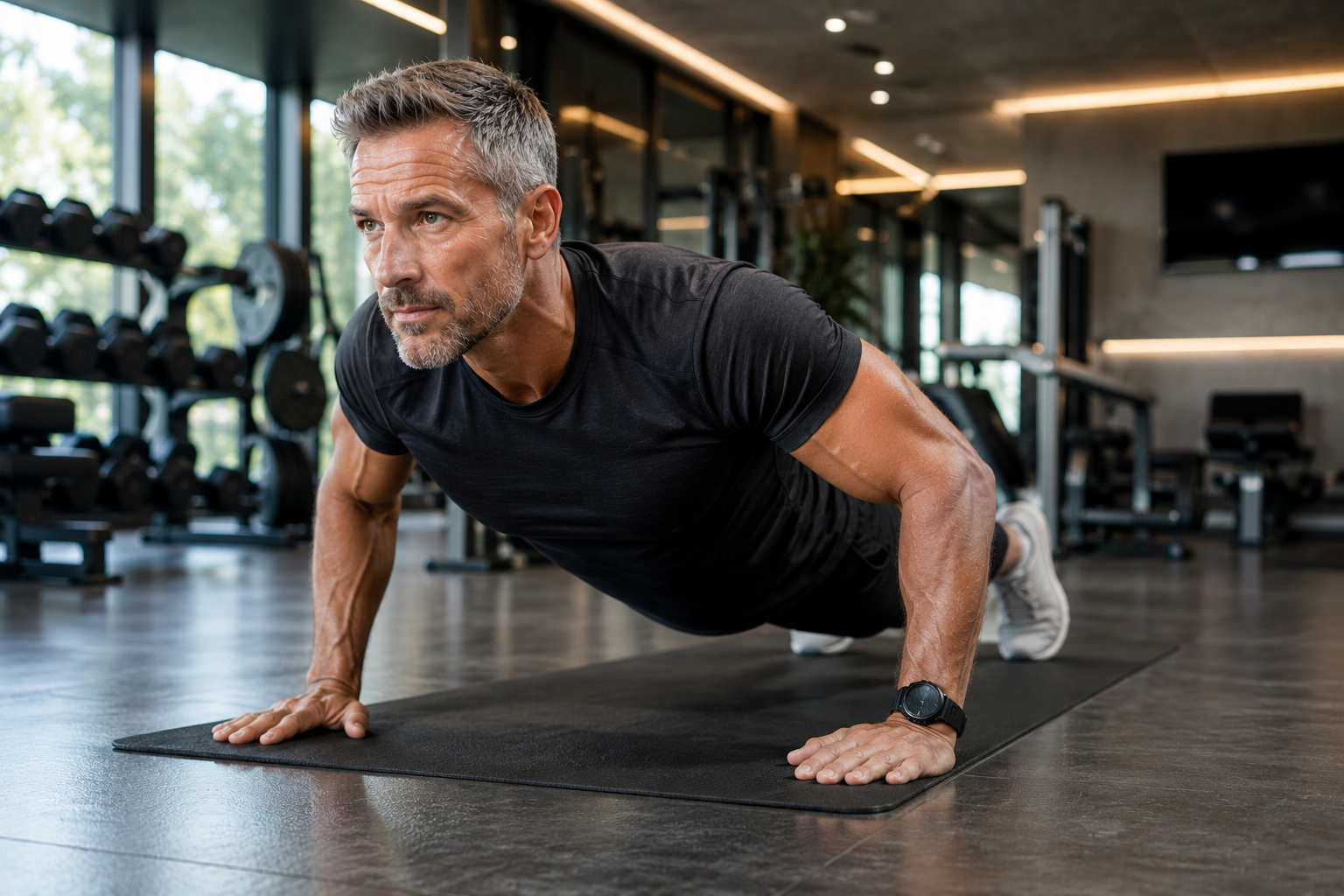 Athletic man holding a plank pose in a sunlit gym