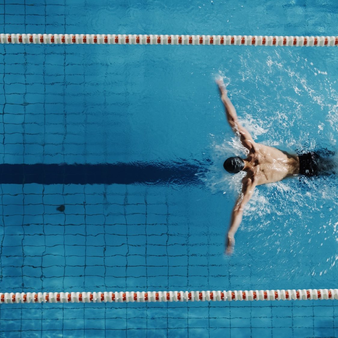 Overhead view of a swimmer mid-stroke in a lap pool