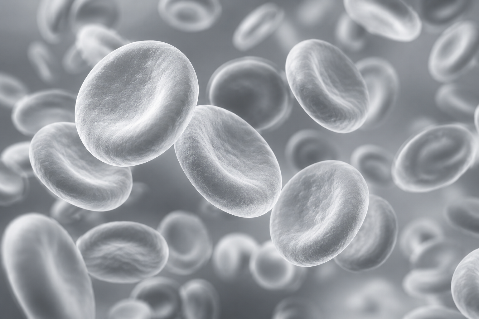 Red blood cells in grayscale, floating against a soft backdrop