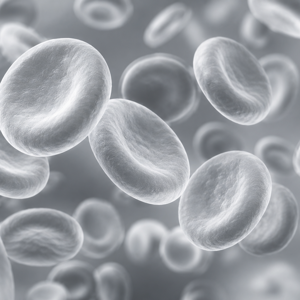 Red blood cells in grayscale, floating against a soft backdrop