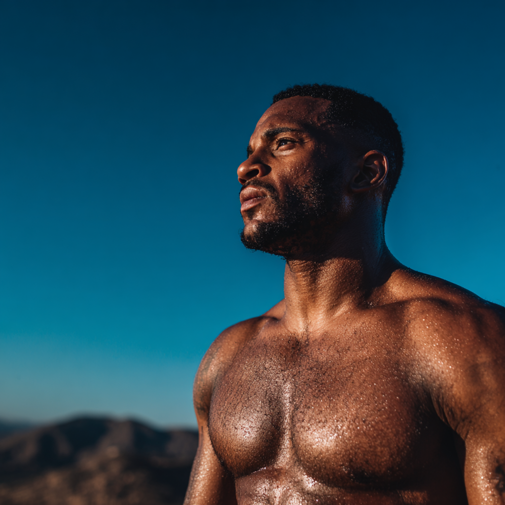 Shirtless man facing the morning sun against a deep blue sky