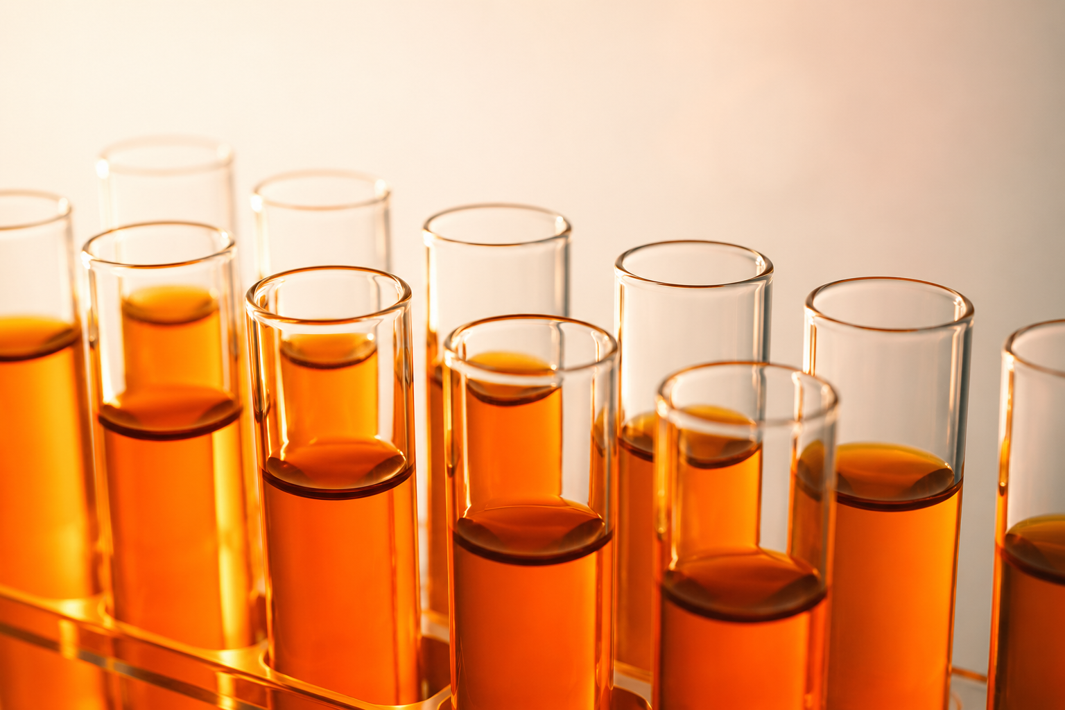Backlit amber vessels in a clinic interior, evoking biomarker testing