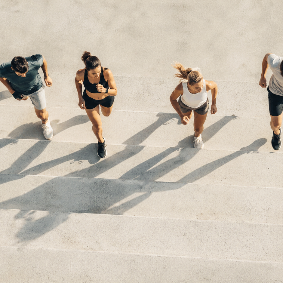 Aerial view of four runners on concrete steps casting long shadows