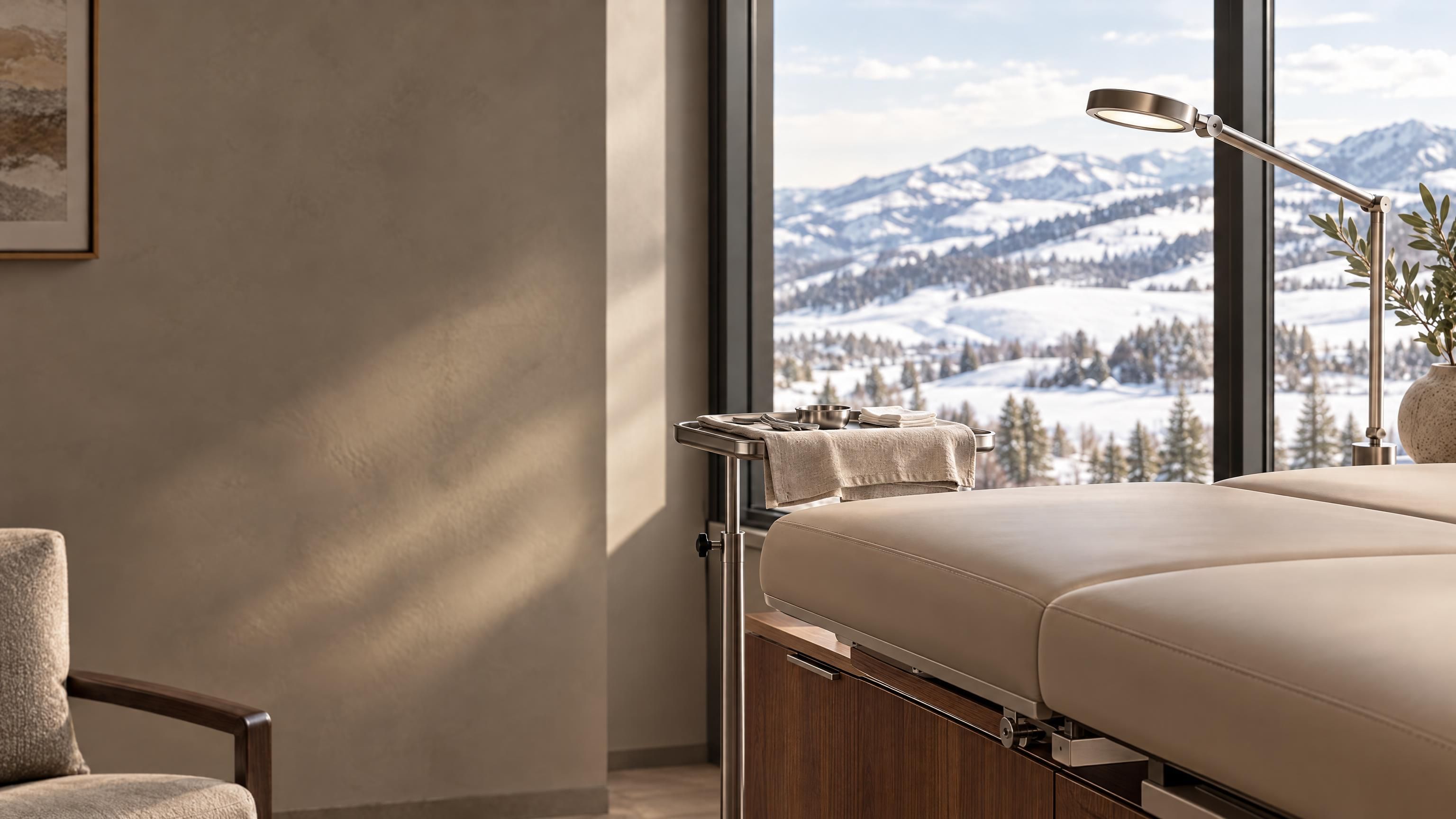 A calm procedure suite with windows onto snowy Park City foothills