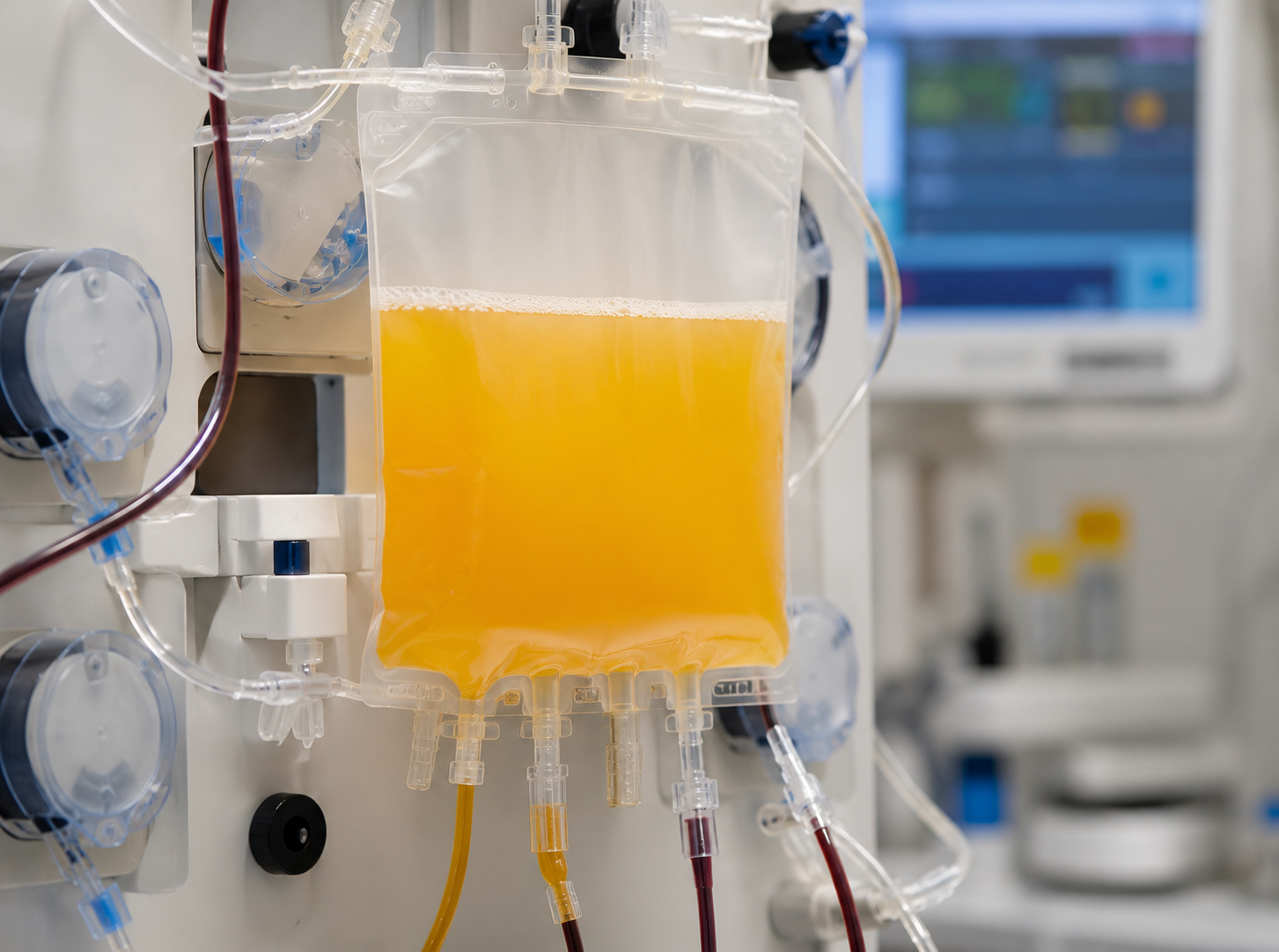 Yellow plasma bag suspended in a clinical apheresis filtration setup