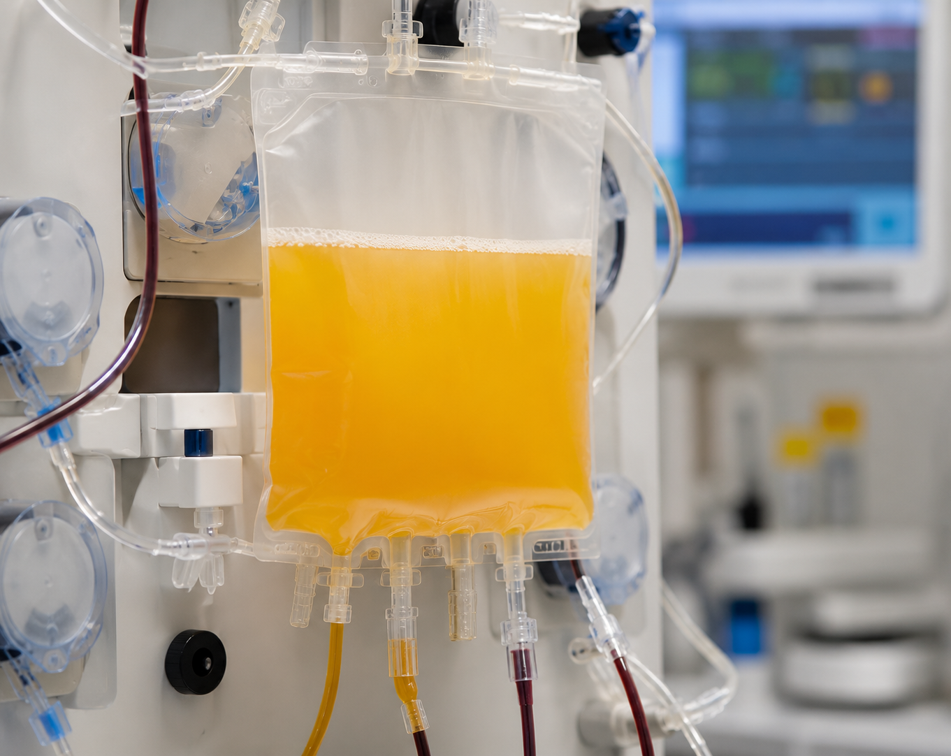 Yellow plasma bag suspended in a clinical apheresis filtration setup