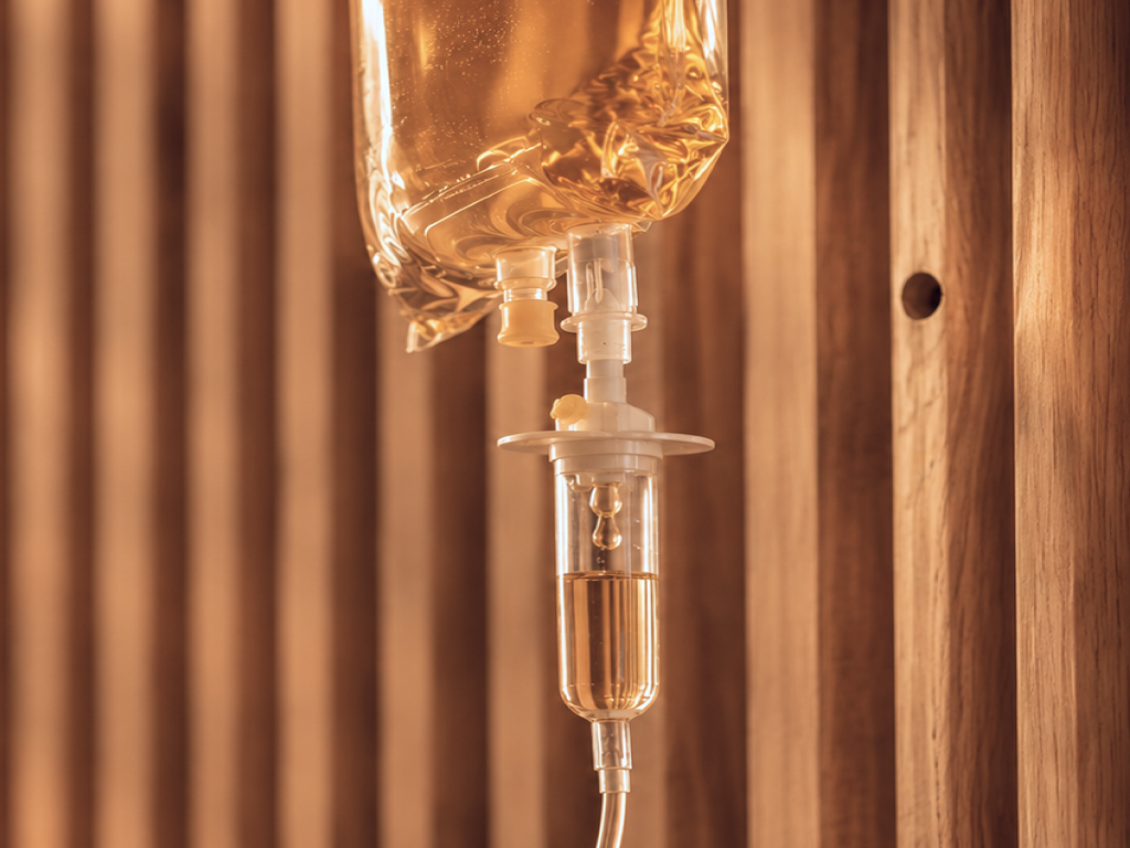 Amber IV drip falling against a slatted wood backdrop